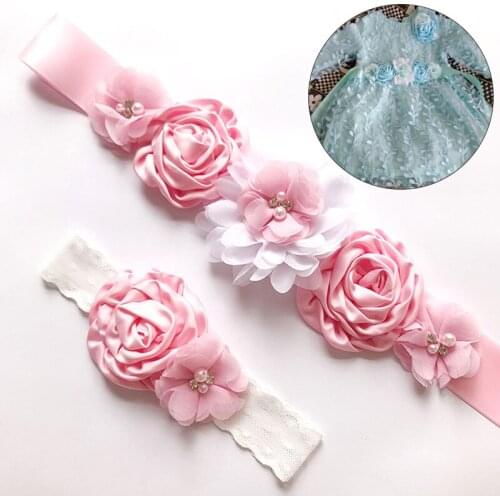 2PCS Bridal Sash Handmade Flower Elastic Headband Beaded Pearls Crystal Dress Sash Decoration Luxury Fashion Female Waistband