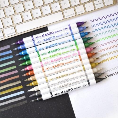 Metallic Double Ended Brush Pen Set of 12 - Decorative Use -12 different metallic colors Special water-based metallic ink