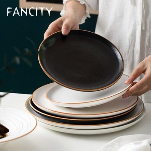FANCITY Nordic Net Red Western Food Set Plate Black Creative Steak Dessert Plate Ceramic Japanese Straw Hat Dinner Plate