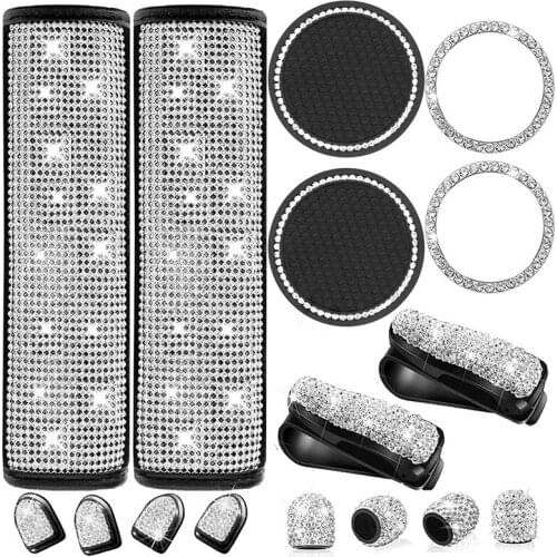 16 Pcs Bling Car Accessories Set, Seat Belt Covers,Bling Glasses Holders,Engine Bling,Cup Coaster, Car Hooks,Tire Valve