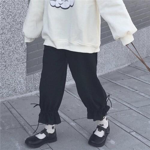 2020 New Japanese Lolita Style Spring Women Pants High Waist Black White Loose Female Trousers Cute Kawaii Sweet Preppy Capris