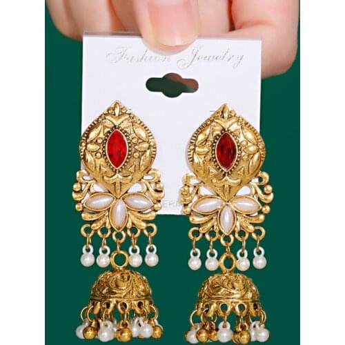 New Vintage Gold Indian Earrings Classic Red Crystal Flower Alloy Pearl Beads Bollywood Jewelry Oxidized Wedding Earrings