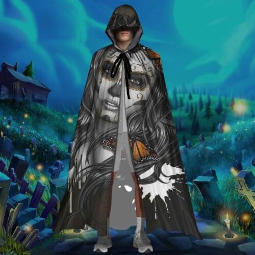 Black Gothic Sugar Skull Print Adult Halloween Hooded Cloak Unisex Full Length Vampire Witch Cosplay Costumes Hood Robes Capes