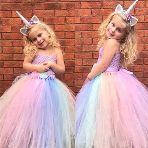 Girls Unicorn Flower Dress Kids Pastel Tutu Dress Crochet Tulle Dresses with Hairbow Set Ball Gown Children Party Costumes Dress