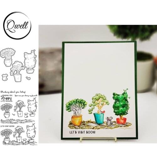 QWELL Cutting Dies With Clear Stamps Set Cat Small Tree Plant Lawn Lets Visit Soon Theme DIY Album Craft Paper Cards 2021