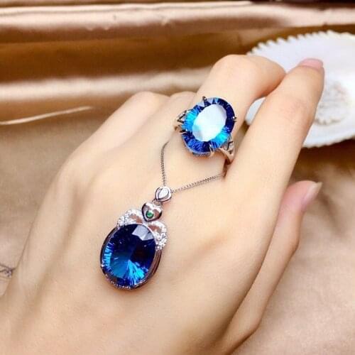 Romantic Lab Sapphire Jewelry set 925 Sterling Silver Engagement Wedding Rings Necklace For Women Bridal Statement Party Gift