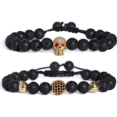 Luxury Bracelet 2Pcs/Set Natural Lava Stone Beads Male Pave Skull Bracelet Bangle Sets For Mens Women Hand Jewelry Homme Bijoux