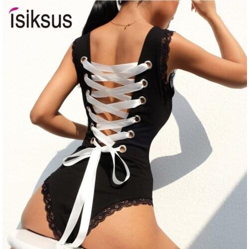 Isiksus Black Summer Sexy Thong Bodysuit Women Sleeveless Backless Lace Up 2019 Patchwork Open Crotch Bodysuit For Women JS028