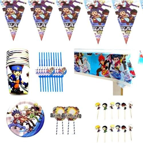 Birthday Party Beyblade Burst Plates Cups Baby Shower Banner Straws Tablecloth Boys Favors Cake Flag Cake Toppers 66pcs/lot
