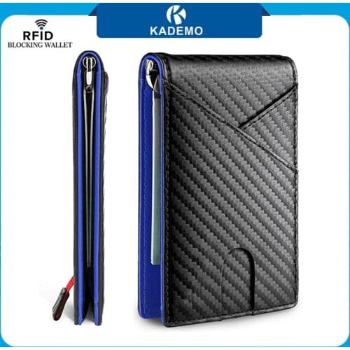 KADEMO Mens Slim Wallet with Money Clip RFID Blocking Bifold Wallet with ID Window Carbon Fiber Card Holder for Men Coin Purse