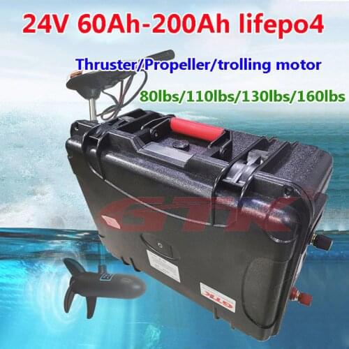 Waterproof Lifepo4 24V 60Ah 70Ah 80Ah 100Ah 120Ah 150Ah 200Ah lithium battery for 80lbs-130lbs Thruster trolling motor+charger