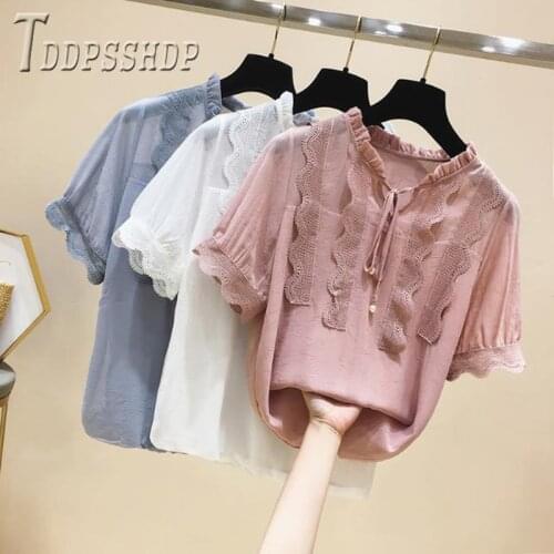 2020 Short Sleeve Women Chiffon Blouse Summer Korean Lace Female Blouses