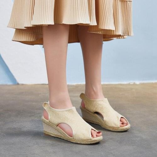 Handmade Ladies Peep Toe Linen Espadrilles Slingback Shoes Summer Women Casual Wedge Heeled Platform Sandals Black Beige