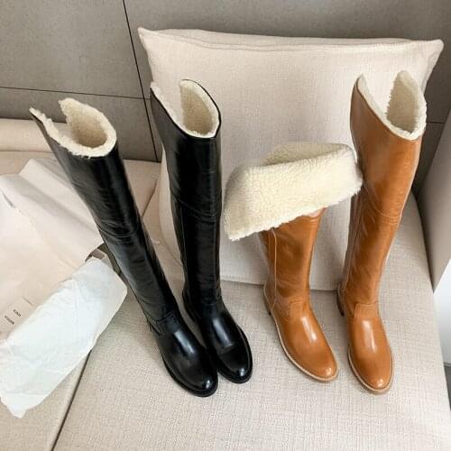 2021 New Winter Roman Women Wool Snow Boots Over-the-Knee Long Genuine Cowhide Leather Shoes Female Black Brown