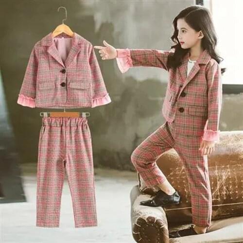 3-13 Years Children Clothing Sets Girls Plaid Long Sleeve Blazer Jacket and Ankle Length Pants Toddler Girl Outfits Kids Set 8