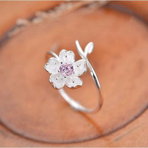 Bohemian Silver Color Crystal Cheery Flower Ring For Women Gift Bijoux Adjustable Finger Antique Engagement Rings Anillos