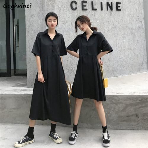 Short Sleeve Dress Women Turn-down Collar Single Breasted Empire Ruffles Spliced Solid All-match Simple Loose Casual Fashion Ins