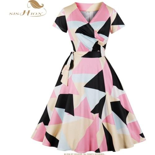 SISHION Geometric Print Pink Dress Short Sleeve Patchwork Tunic Plus Size Women Dresses with Belt VD0848