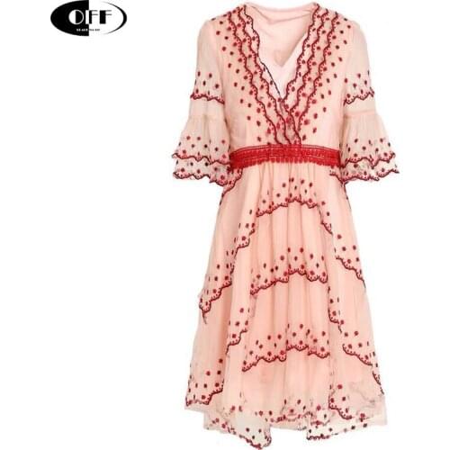 Women Flare Sleeve V Neck Empire Embroidery Loose Mini Tulle Dress Party Elegant Lady Dresses Summer Designer Vestidos robe