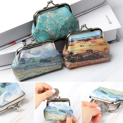 1PC Watercolor Print Coin Purse Women Girls Mini Metal Hasp Money Bag Vintage Square Small Wallet Zero Bag