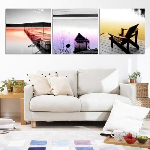 3 Panels Wall Art Modern Seaview Canvas Painting Wooden Bridge Boat and Chair Wall Picture For Living Room Decoration Posters