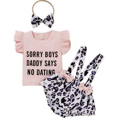 New 3Pcs Baby Summer Outfit, Short Sleeve T-Shirt + Leopard Print Suspenders Pantie + Hairband for Toddler Girl, 0-24 Months