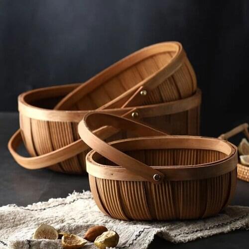 3Pcs Hand-Woven Fruit Basket Empty Oval Willow Woven Basket Lager Capacity Picnic Basket with Foldable Handle
