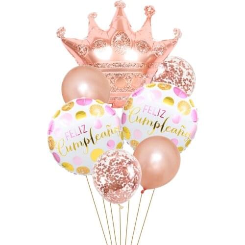 8pcs/lot Spanish Feliz Cumpleanos Helium Globos Giant Rose Gold Crown Foil Balloons Happy Birthday Party Decorations Latex Balls