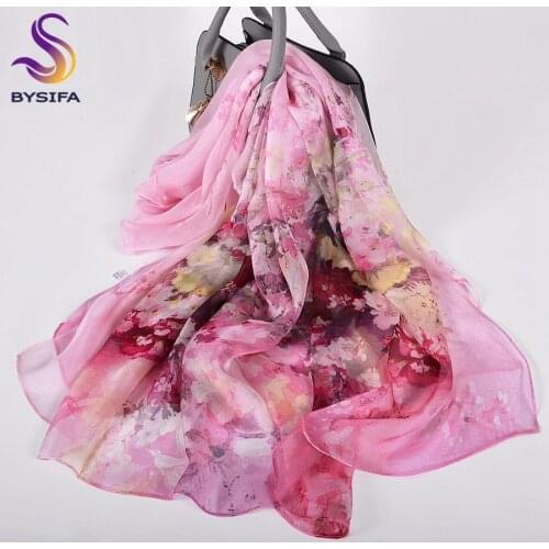 [BYSIFA] Pink 100% Silk Women Scarf Cape Elegant Floral Long Scarves Summer Utralong Beach Shawl Ladies Winter Scarves 180*110cm