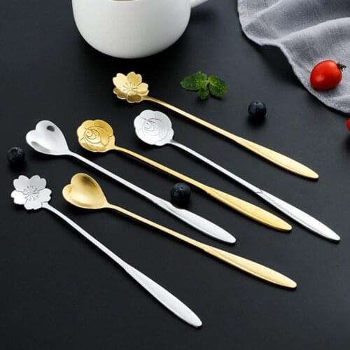 Long Handle Teaspoons Spoon Handle Fine Texture Stainless Steel Hous Ehold Japanese Dessert Golden Heart Shaped Coffee Spoon