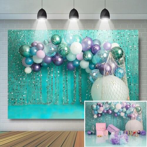 Kids Mermaid Backdrop Portrait Photography Balloon Theme 1st Birthday Cake Smash Sliver Blue Undersea Background Photostudio