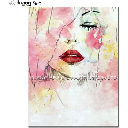 New Handmade Beautiful Women Face Oil Painting Hand-painted Modern Pink Figure Oil Painting on Canvas for Living Room Decoration