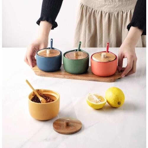 Creative Ceramic Kitchen Seasoning Box Set Salt Shaker Spice Jar With Wooden Cover And Spoons Kitchen Accessories
