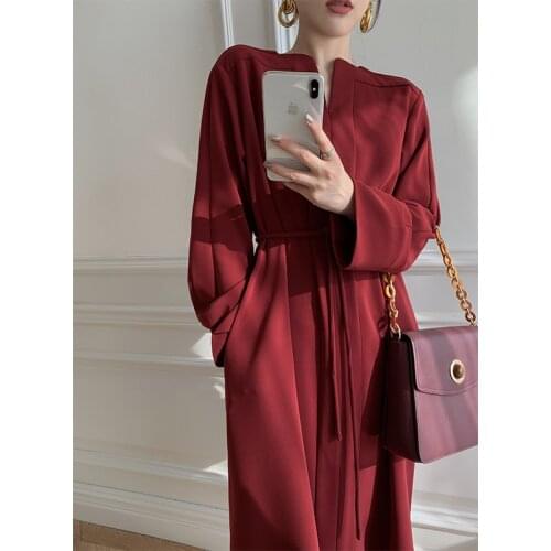 LMQ NEW 2021 Women Spring Dress Lady Style V-Neck Brief Temperament Mid-Length Loose Straight Retro Lace-Up One-Piece Dress