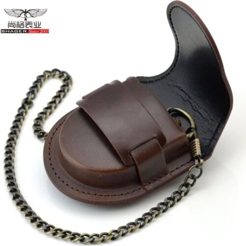 Fashion Male Back Brown Cover Vintage Classic Pocket Watch Box Holder Storage Case Coin Purse Pouch Bag With Chain