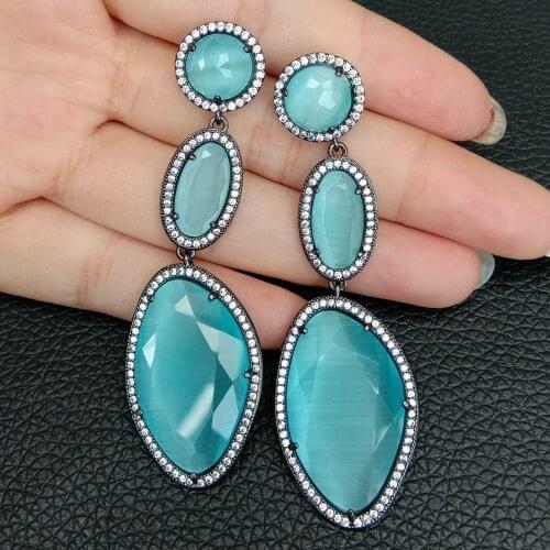 Sky Blue Cats Eye Cz pave Gunmetal drop Earrings Classic Rhinestone Geometric Women Dangle Earrings