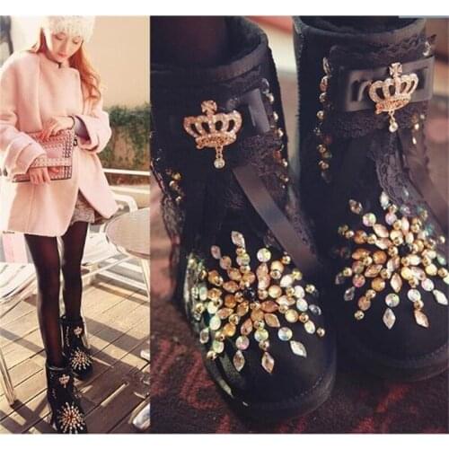 European station new leather plus velvet heightening womens shoes black rabbit fur bare boots fashion warm rhinestone boots