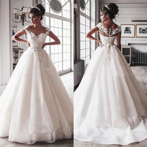 New Wedding Dresses White Custom Plus Size Applique Floor Length A Line Cover Bateau Illusion Sleeveless Lace Vestido De Noiva