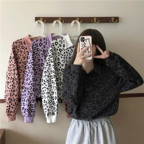 Autumn Women Long Sleeve Turn Down Collar Leopard Print Sweatshirt Button Blouse
