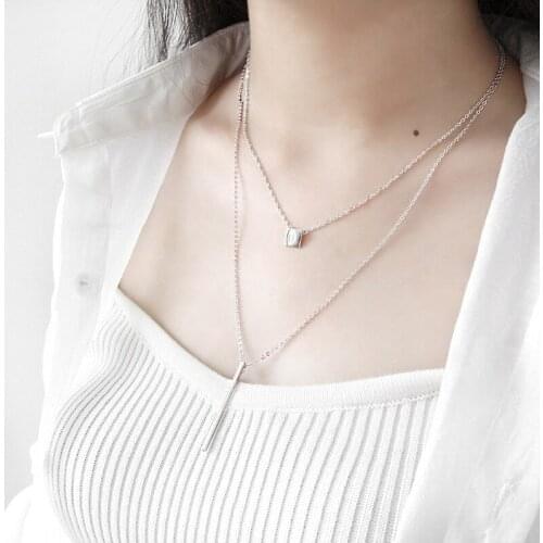 Rockart Pure Silver Combination Necklace Fine Jewelry Square&Bar Pendant For Women Office Career Style Summer Necklaces NEW S925