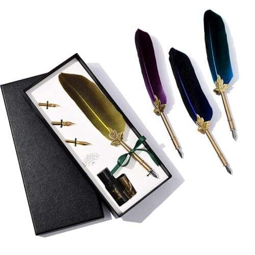 Retro European Style Quill Currently Available Alloy Barrel Creative Colorful Feathers Fountain Pen Gift Feather Pen Stationery