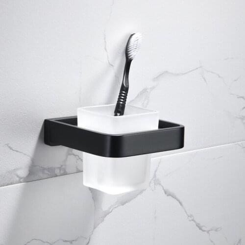 Full copper solid black bathroom mouthwash cup bathroom toothbrush cup shelf set with glass cup single cup bathroom hardware pen