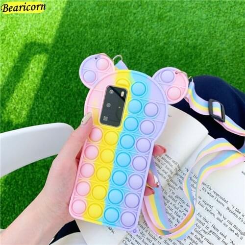 Pop Fidget Toys Push Bubble Silicone Beans Case For iPhone 6 6s 7 8 Plus X XR XS 11 12 Pro Max SE Cartoon Bear Cover with Strap