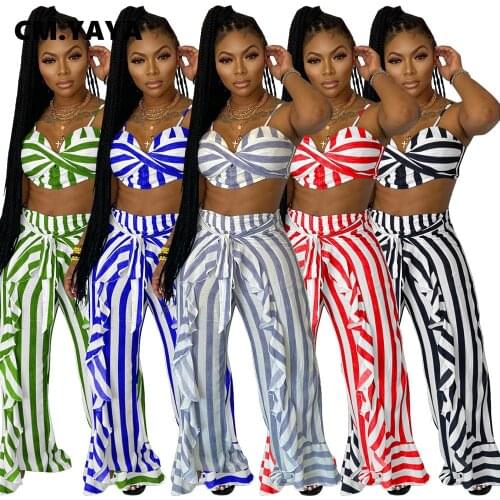CM.YAYA Striped Street Sweatsuit Women Set Crop Tops and Ruffles Straight Pants Matching Two 2 Piece Set Active Tracksuit Outfit