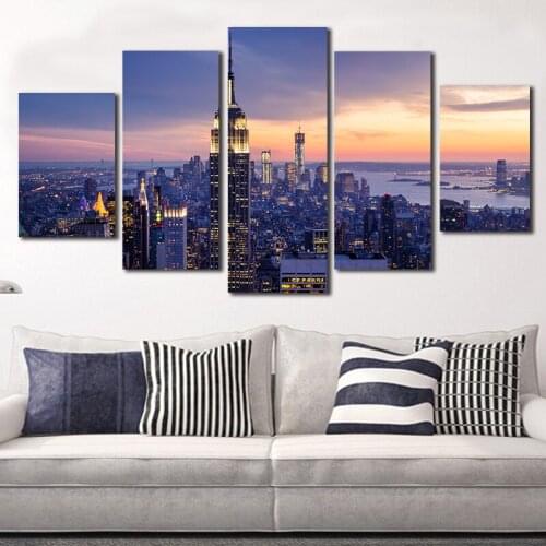 Modern HD Printed Wall Art Unframed Canvas Pictures 5 Pieces New York City Sunset Landscape Paintings Posters Home Decoration