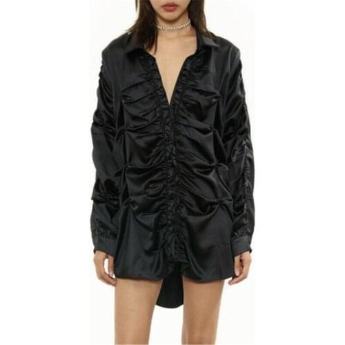 Women Pearls Satin Fabric Loose Irregular Blouse New Lapel Long Sleeve Loose Fit Shirt Fashion Tide Spring Autumn 2021 Blouses