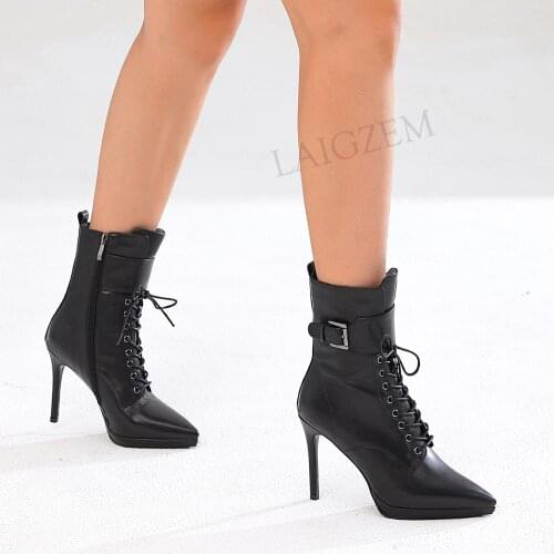 LAIGZEM SUPER Women Ankle Boots Side Zip Genuine Leather Slim Heels Boots Black White Ladies Shoes Woman Big Size 33 38 40 41