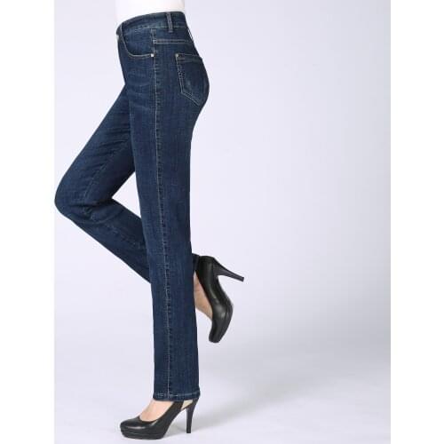 Spring Autumn Woman Dark Blue Denim Straight Pant Female Casual High Waist Zipper Front Jeans Pants Plus Size Jean Trousers New