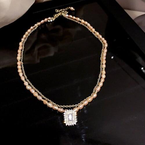 Elegant Double Layered Natural Pearls 14K Real Gold Chain Necklace for Women Luxury Square Crystal Pendant Clavicle Necklace