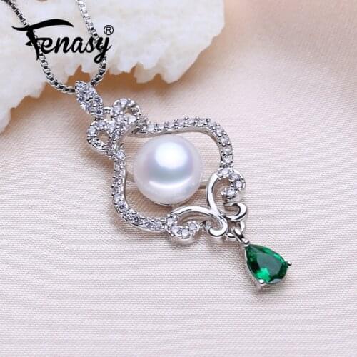 FENASY 925 Sterling Silver Luxury Emerald Pendant Bohemian Party Natural Freshwater Pearl Necklaces For Women Idea Gift
